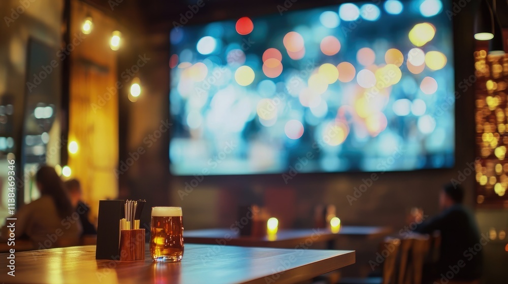 Cozy sports bar atmosphere featuring craft beer on table, large TV, and ambient lighting for social gatherings and events. Cozy sports bar atmosphere featuring craft beer on table, large TV, and ambient lighting for social gatherings and events.