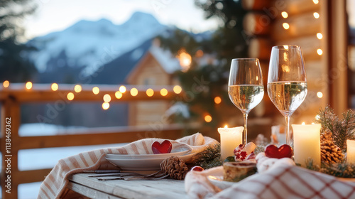 romantic outdoor dinner setup on wooden table with candles, wine glasses, and festive decor, set against cozy log cabin and snowy mountain backdrop with warm string lights photo