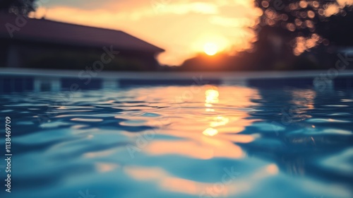 Serene blurred view of a swimming pool reflecting an evening sky with warm sunset colors and soft focus on water ripples