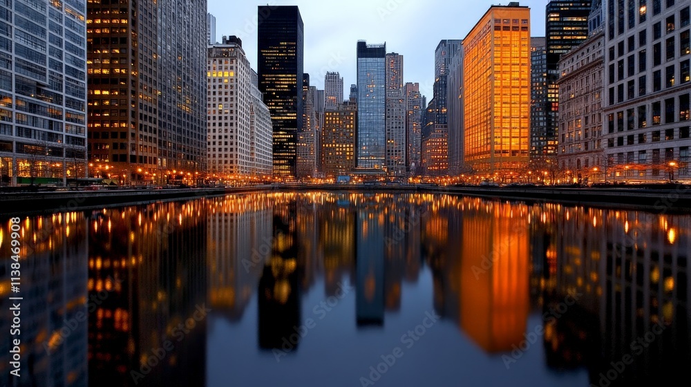 Fototapeta premium Chicago River at Dusk: Cityscape Reflection 