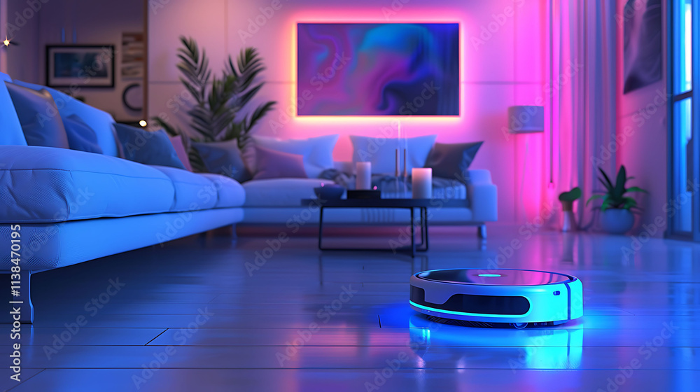 A robotic cleaner operating in a smart home living room, A robotic cleaner operating in a smart home living room,