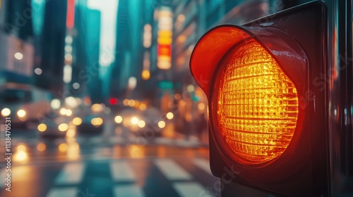 Abstract urban background featuring a blurred traffic light with an orange indicator amidst city streets and glowing headlights. photo