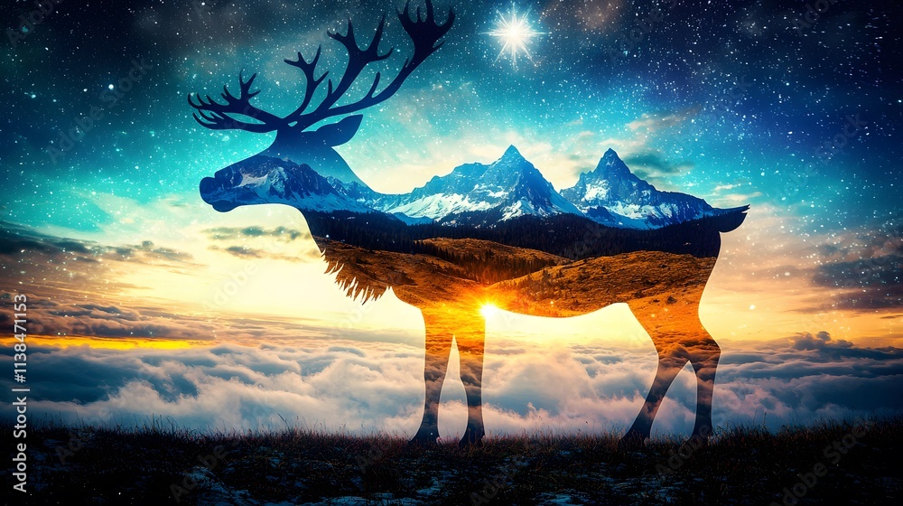 silhouette of a reindeer with snowy mountain peaks within its body, seamlessly blending with a distant Christmas star in the night sky. [Reindeer]:[Christmas theme] 