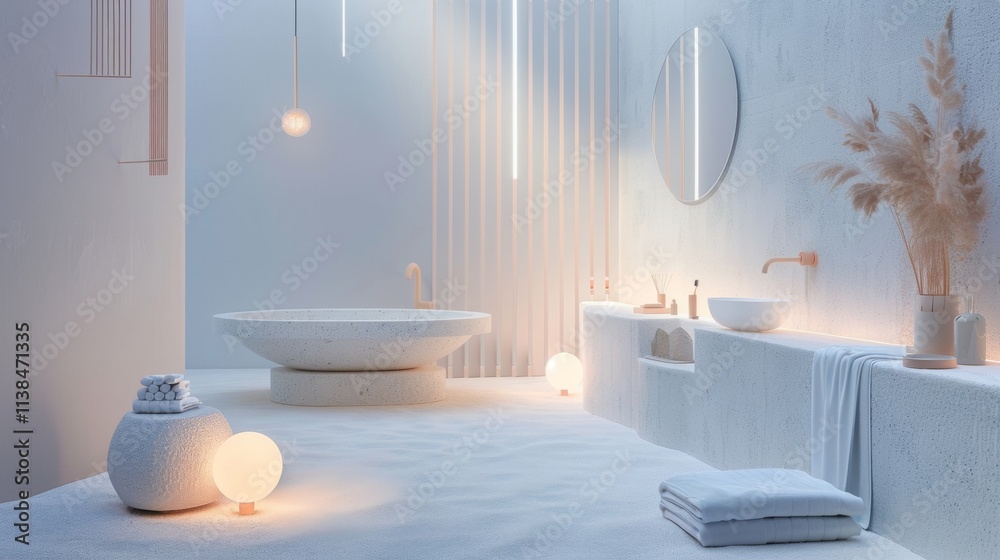 Minimalist luxury bathroom with soft ambient lighting