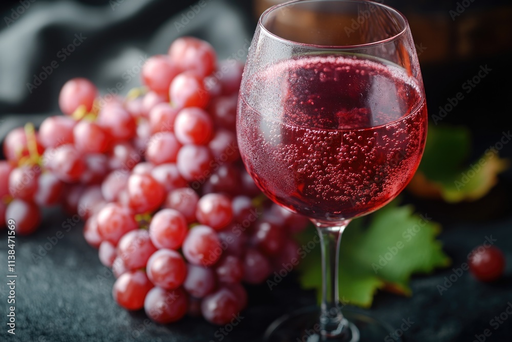 A glass of wine sits next to a bunch of fresh grapes, perfect for a relaxing evening or special occasion A glass of wine sits next to a bunch of fresh grapes, perfect for a relaxing evening or special occasion