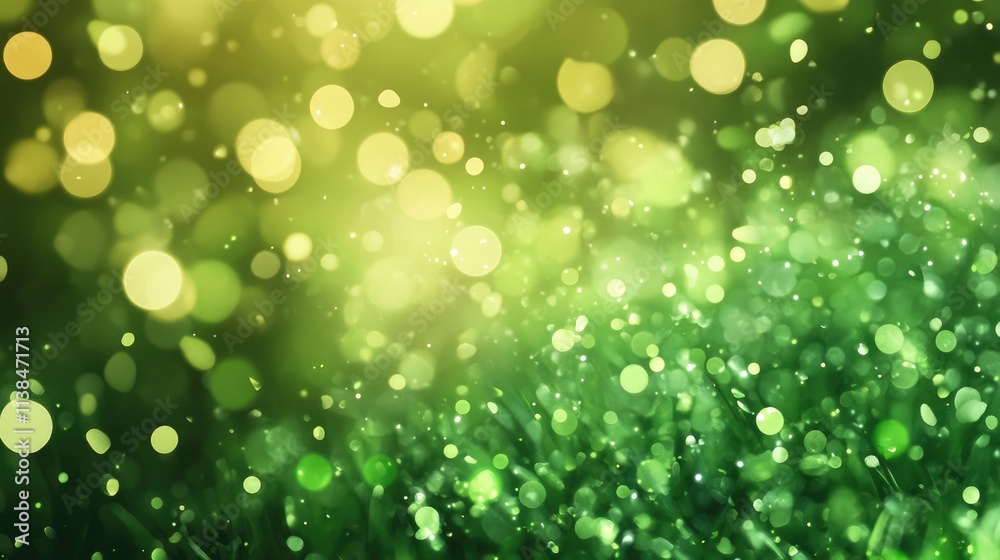 Obraz premium Blurry green meadow background with soft sunlight bokeh effect creating a serene natural atmosphere for design projects.