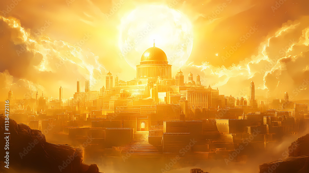 Naklejka premium The holy city of new jerusalem a revelation of gold. concept religious symbolism, spiritual significance, heavenly city, golden revelation. Heavenly. Illustration