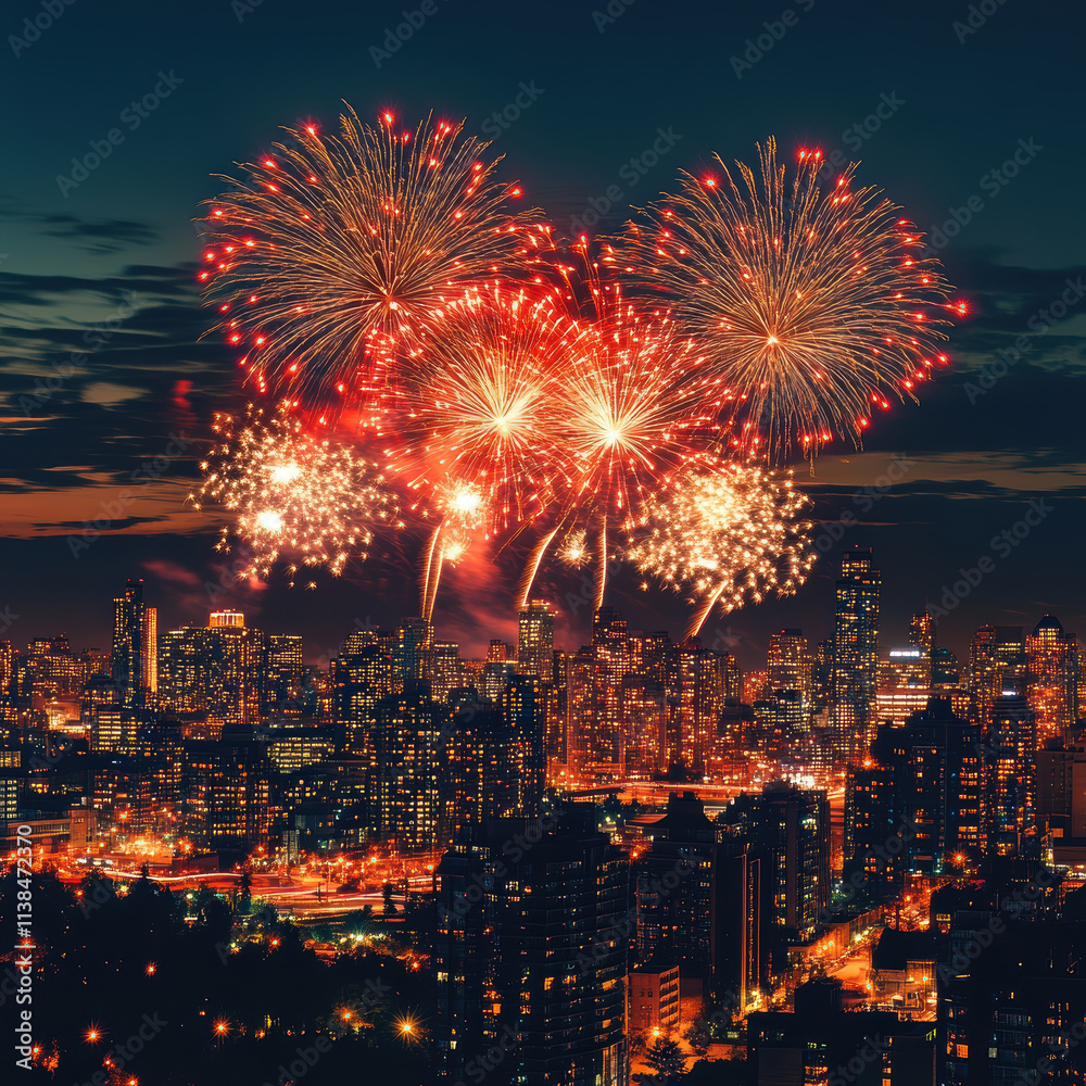 Obraz premium vibrant fireworks display lights up night sky over bustling cityscape, with glowing buildings and streets creating dazzling urban scene