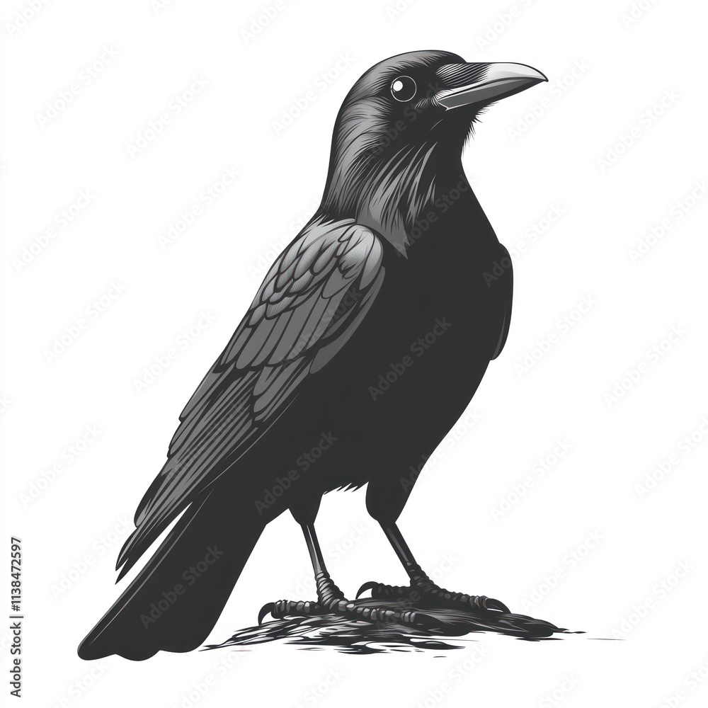 A grayscale illustration of a crow perched on a rock. A grayscale illustration of a crow perched on a rock.