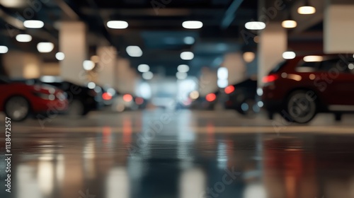 Blurred view of car parking area in modern shopping center with reflections showing vehicles and ambient lighting effects