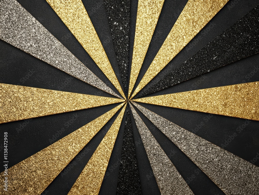 A stylish design featuring golden and black glittery triangles radiating from the center on a dark background, creating a striking geometric pattern. A stylish design featuring golden and black glittery triangles radiating from the center on a dark background, creating a striking geometric pattern.