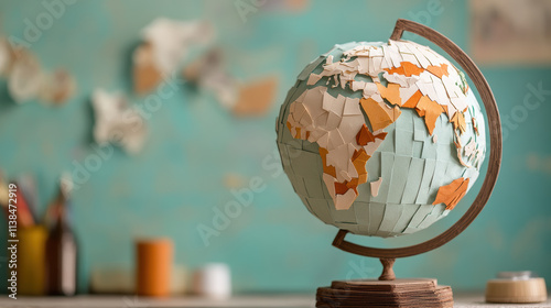 handmade paper globe decorated with colorful origami continents sits on wooden stand, with blurred creative workspace in background, evoking sense of artistry and exploration