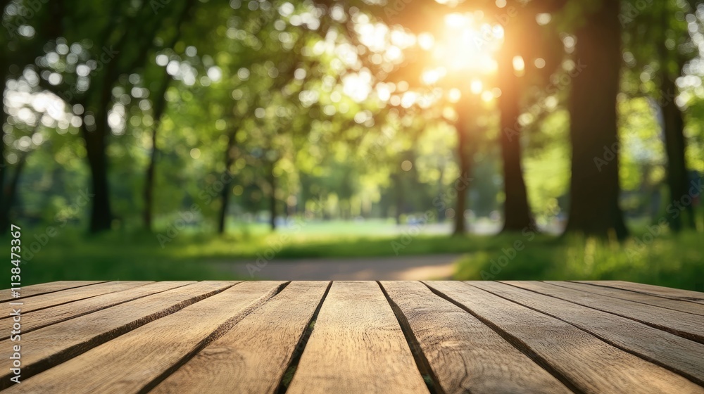 wooden table foreground with blurred natural park background and sunlit bokeh effect creating a peaceful outdoor atmosphere wooden table foreground with blurred natural park background and sunlit bokeh effect creating a peaceful outdoor atmosphere