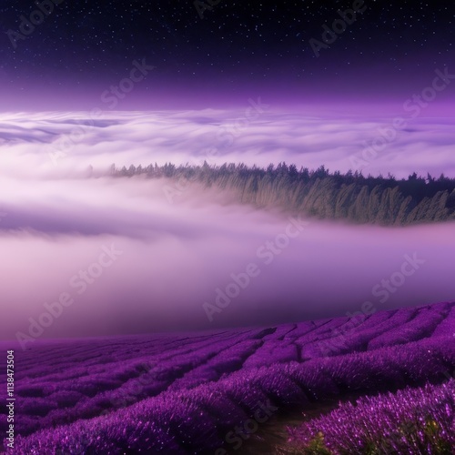 A beautiful lavender field at sunrise with a serene lake and soft fog, surrounded by lush grass, under a colorful sky of blue, purple, and orange, capturing the peaceful essence of dawn