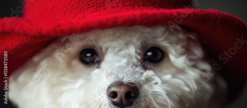 Bichon Frise dog in a vibrant red hat looking directly at the camera with a curious expression photo