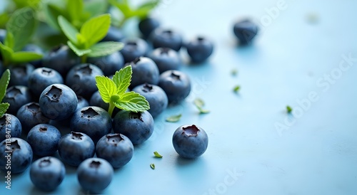 Juicy blueberries and fresh mint leaves create a vibrant, delicious image, perfect for summer recipes or healthy eating blogs.  A tempting visual feast! photo