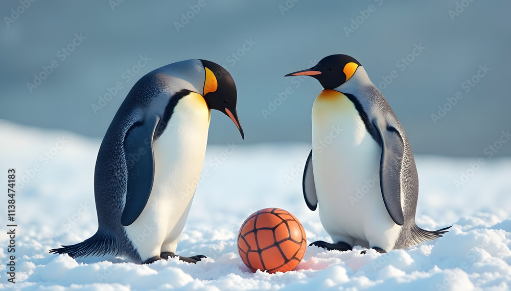 Fototapeta premium Two playful penguins interacting with a ball on the snowy ice in their habitat