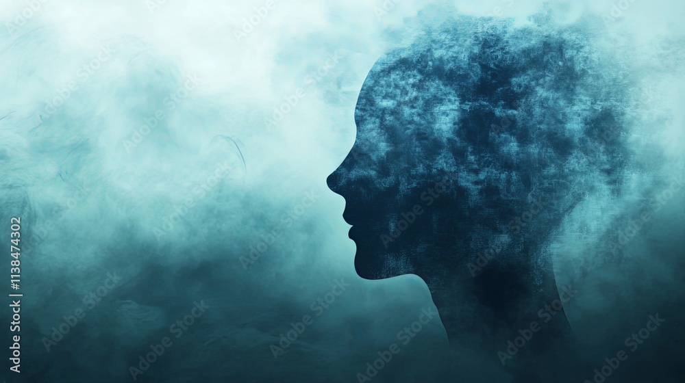 Silhouette of a human head surrounded by swirling mist, creating an ethereal and dreamlike atmosphere Silhouette of a human head surrounded by swirling mist, creating an ethereal and dreamlike atmosphere