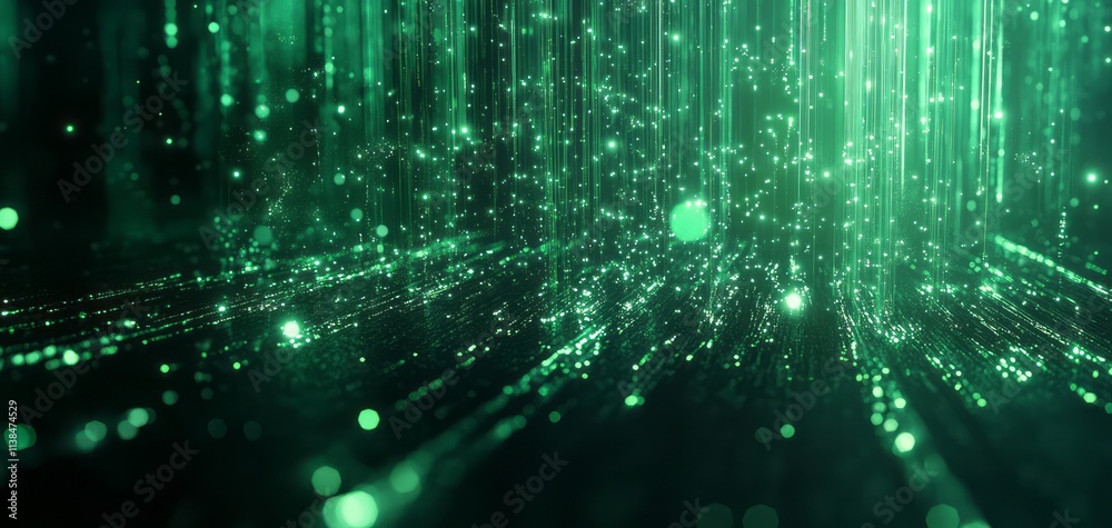 Abstract Green Light Streaks And Sparkling Particles
