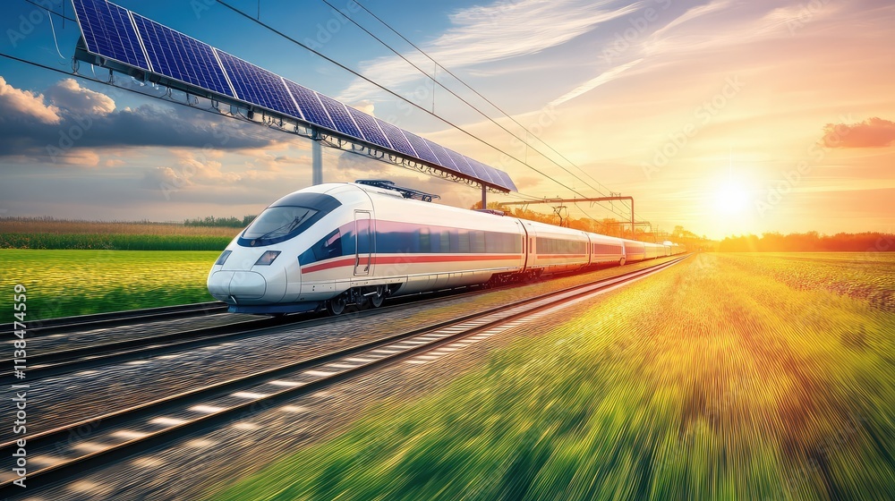 Fototapeta premium A cutting-edge solar-powered high-speed train passing through a countryside, with solar panels on the train roof and renewable energy infrastructure surrounding the tracks
