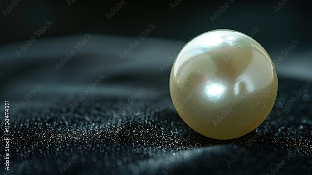 Close-up of a lustrous pearl on dark fabric. Close-up of a lustrous pearl on dark fabric.
