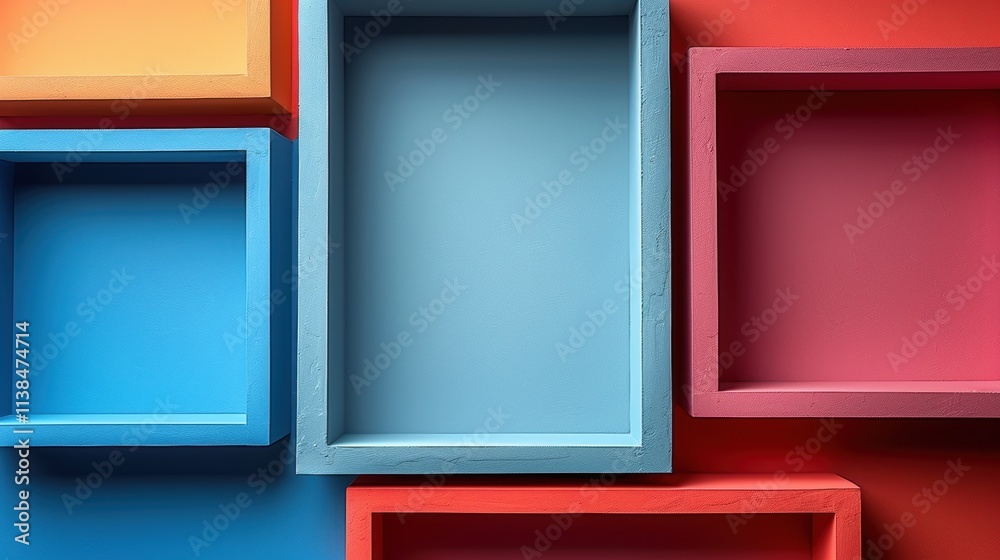 Colorful geometric arrangement of empty rectangular frames in vibrant hues placed on a multi-colored background for creative and artistic design concepts Colorful geometric arrangement of empty rectangular frames in vibrant hues placed on a multi-colored background for creative and artistic design concepts
