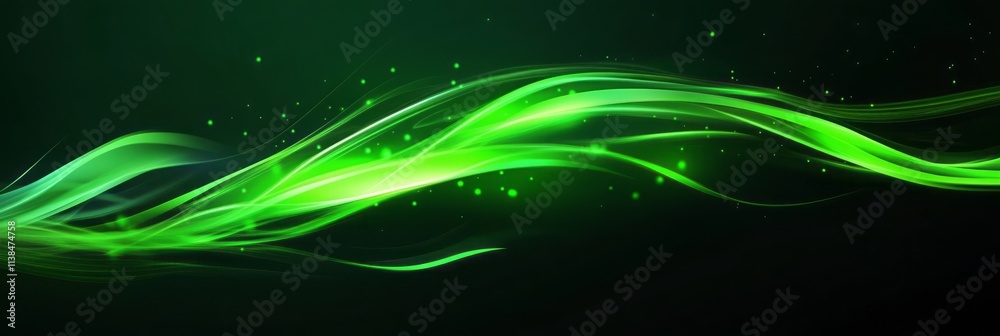 Naklejka premium Abstract Green Light Waves Flowing Dark Background