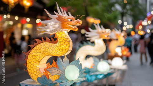 Illuminated dragon shaped lanterns glowing vibrantly in festive street setting, symbolizing mythical creatures and cultural celebration during lively evening event photo