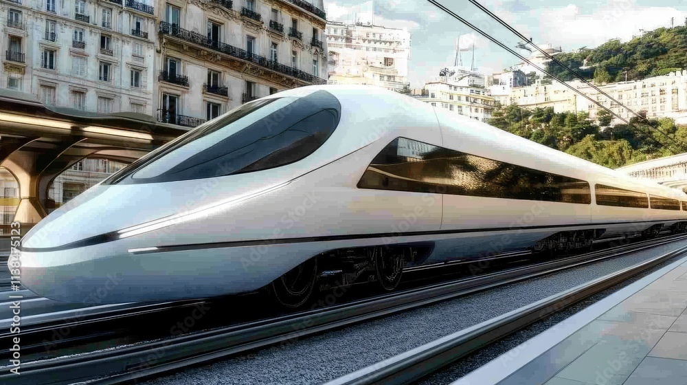 A futuristic concept of a high-speed train designed with sleek, aerodynamic lines, gliding smoothly over a suspended track in a futuristic cityscape A futuristic concept of a high-speed train designed with sleek, aerodynamic lines, gliding smoothly over a suspended track in a futuristic cityscape