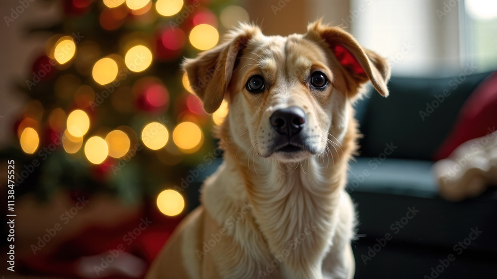 Cute dog resting near Decorated Christmas tree with garlands at home. Magical moments of Holiday time with pet. New year card. Concept of friendship, loyalty and devotion. Waits an owner Cute dog resting near Decorated Christmas tree with garlands at home. Magical moments of Holiday time with pet. New year card. Concept of friendship, loyalty and devotion. Waits an owner