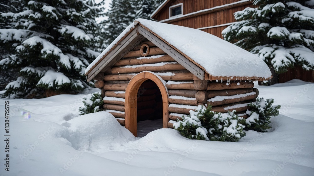 Snow-covered small wooden dog house surrounded by trees and bushes, with snow piled on the roof and ground, creating a tranquil and serene winter scene in a quiet forest setting Snow-covered small wooden dog house surrounded by trees and bushes, with snow piled on the roof and ground, creating a tranquil and serene winter scene in a quiet forest setting