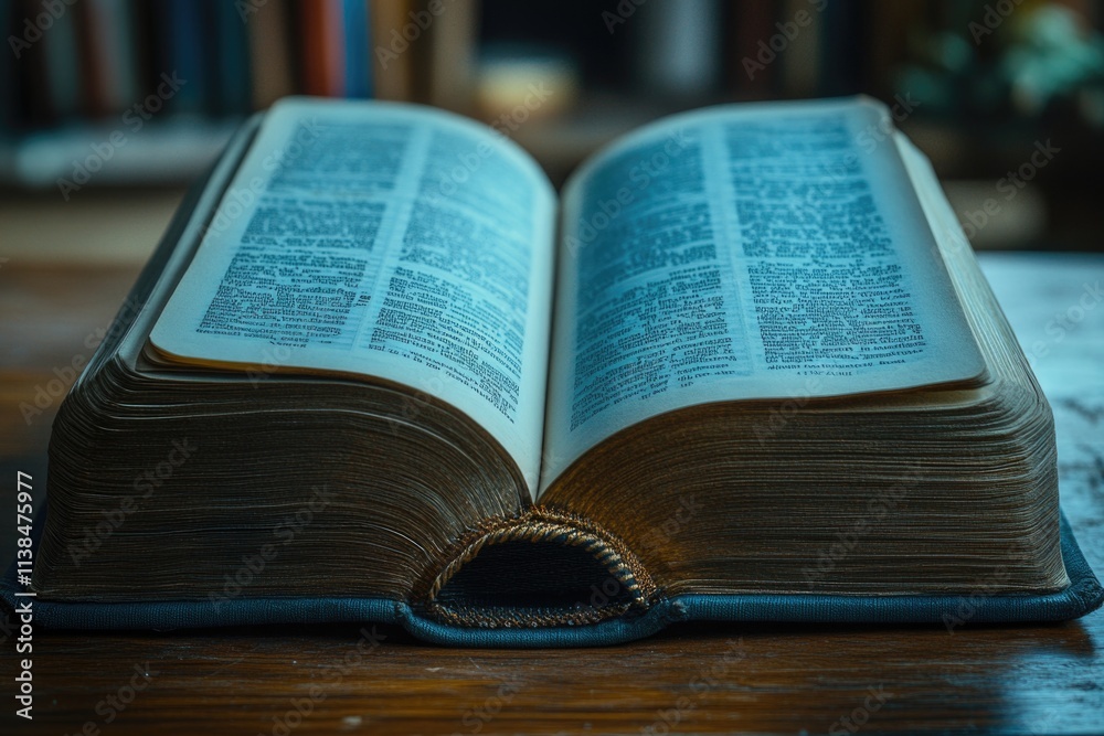 Fototapeta premium An open book sits on a wooden table