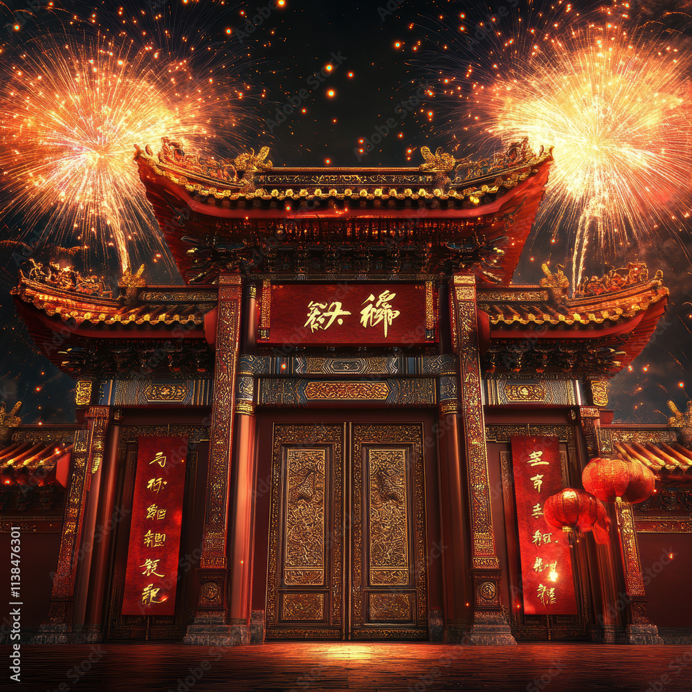 ornate temple gate illuminated by glowing lanterns and vibrant fireworks, showcasing intricate red and gold details, creating festive and celebratory atmosphere ornate temple gate illuminated by glowing lanterns and vibrant fireworks, showcasing intricate red and gold details, creating festive and celebratory atmosphere