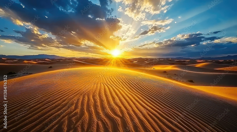 Naklejka premium Breathtaking Sunset Over the Sandy Dunes of an Arid Desert Landscape with Striking Sunlight Rays Illuminating the Sky and Casting Shadows on the Ground