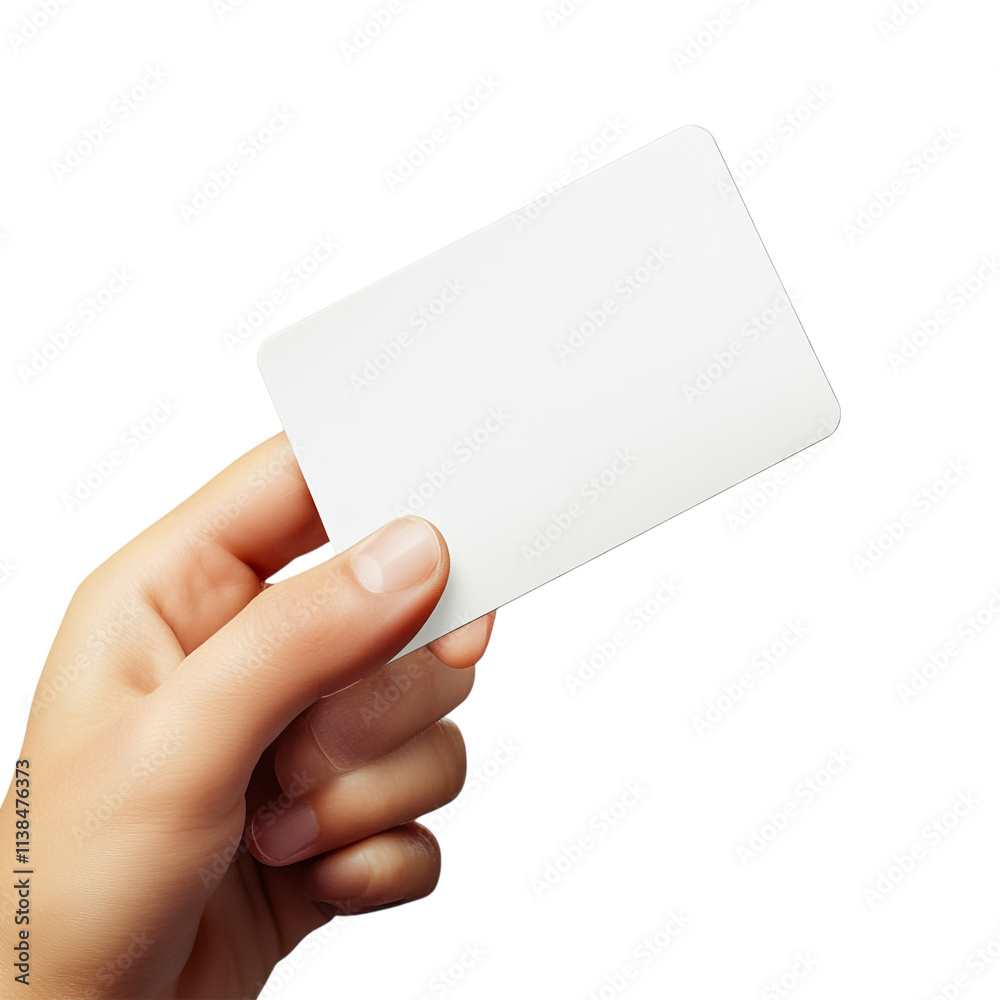 An empty white card held in a hand isolated on a transparent background, perfect for mockups showcasing business cards or invitation designs.