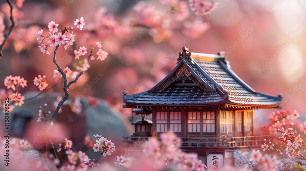 Tranquil Japanese temple nestled amongst blossoming cherry trees at sunrise.