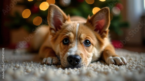 Cute corgi dog liying against Decorated Christmas tree with garlands at home. Magical moments of Holiday time with pet. New year card. Concept of friendship, fidelity and loyalty. Misses an owner photo