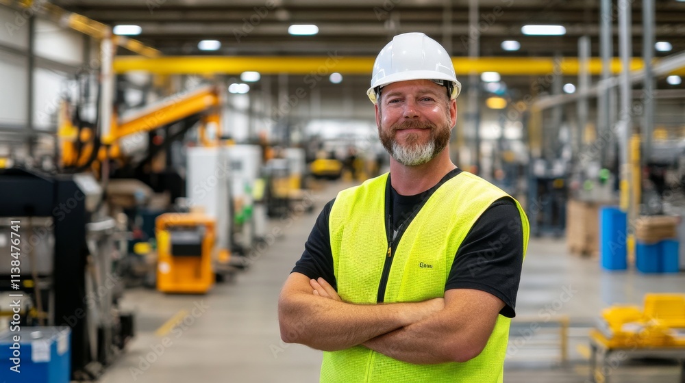 Portrait of a Smiling Worker in Safety Gear Amidst a Modern Manufacturing Facility