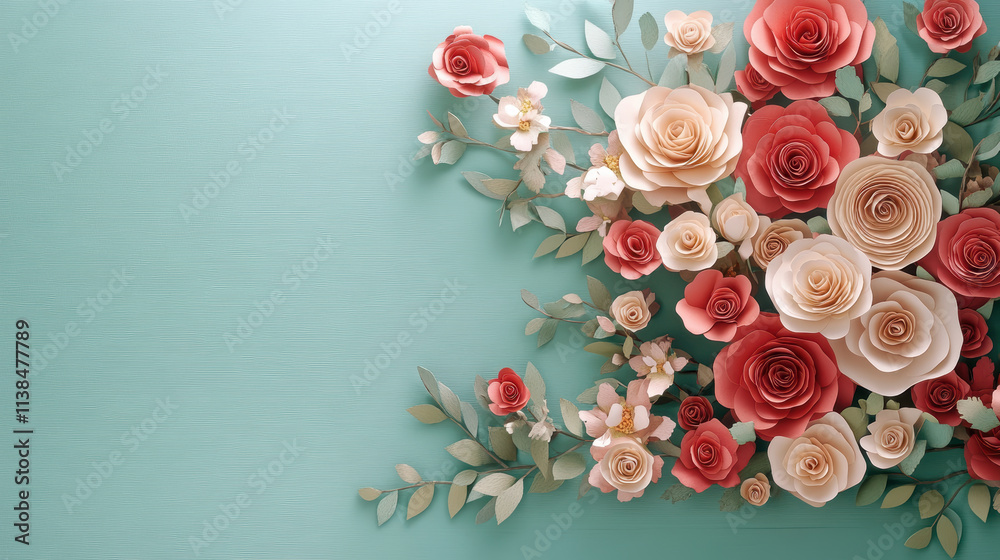beautiful arrangement of cascading paper roses in shades of red, pink, and cream, complemented by delicate green leaves, set against textured teal background beautiful arrangement of cascading paper roses in shades of red, pink, and cream, complemented by delicate green leaves, set against textured teal background