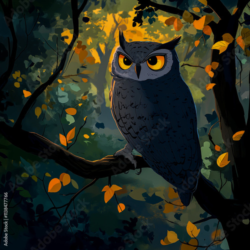 Owl Perched on a Branch in a Forest with Leaves photo