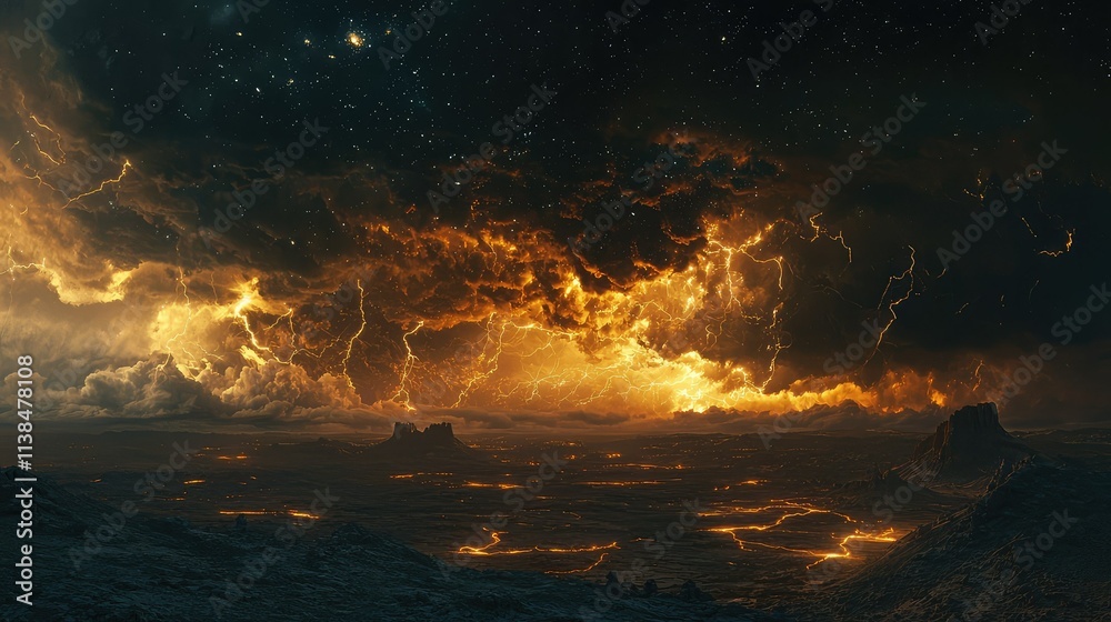 Dramatic Night Sky with Fiery Clouds and Lightning Over a Volcanic Landscape at Dusk Featuring Glowing Lava Flows and Starry Backdrop Dramatic Night Sky with Fiery Clouds and Lightning Over a Volcanic Landscape at Dusk Featuring Glowing Lava Flows and Starry Backdrop