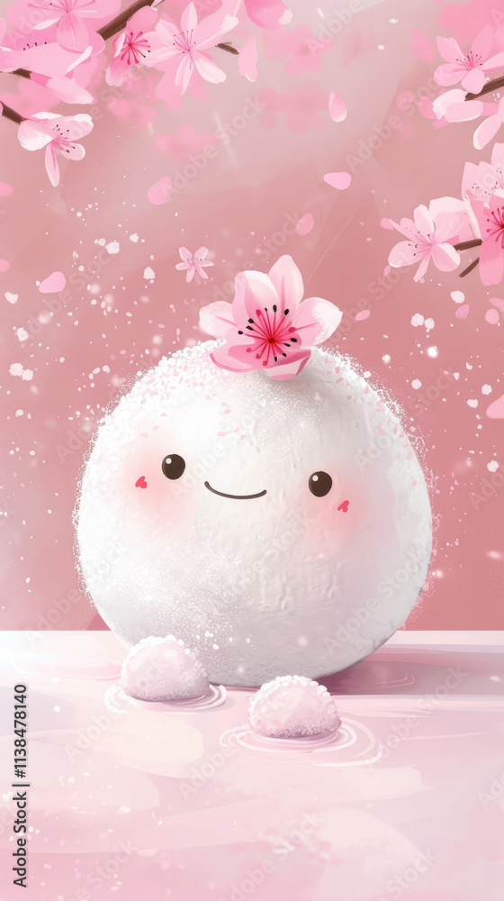Cute Smiling Mochi with Cherry Blossom on Pink Background for Whimsical and Playful Designs Cute Smiling Mochi with Cherry Blossom on Pink Background for Whimsical and Playful Designs