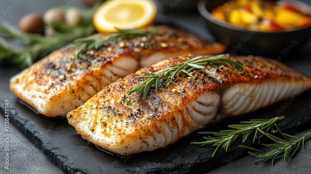 Grilled fish fillets garnished with herbs and lemon, served with a colorful salsa. Grilled fish fillets garnished with herbs and lemon, served with a colorful salsa.