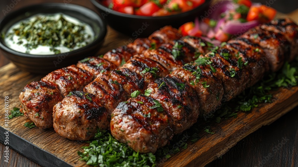 Grilled kebabs served with fresh herbs and sides on a wooden platter. Grilled kebabs served with fresh herbs and sides on a wooden platter.
