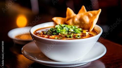 Delicious chicken and vegetable soup with tomato  bread and spicy flavors in a bowl photo