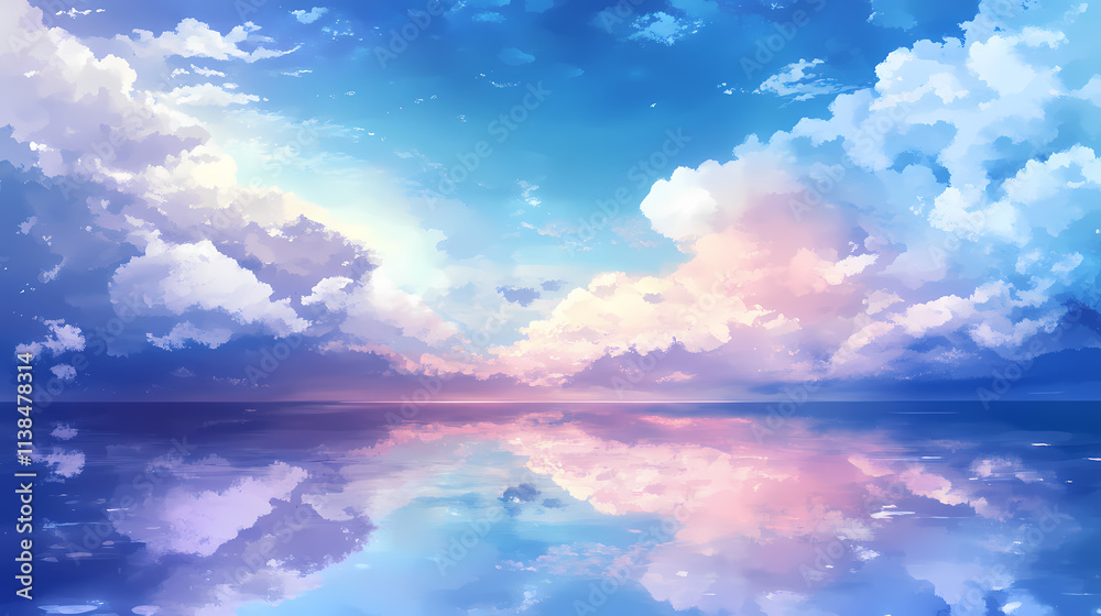 Majestic clouds in serene blue sky, nature's beauty with free space above, vivid and peaceful scene. Heavenly. Illustration Majestic clouds in serene blue sky, nature's beauty with free space above, vivid and peaceful scene. Heavenly. Illustration