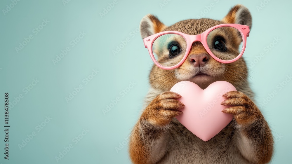 Obraz premium squirrel in pink glasses holding heart on green background