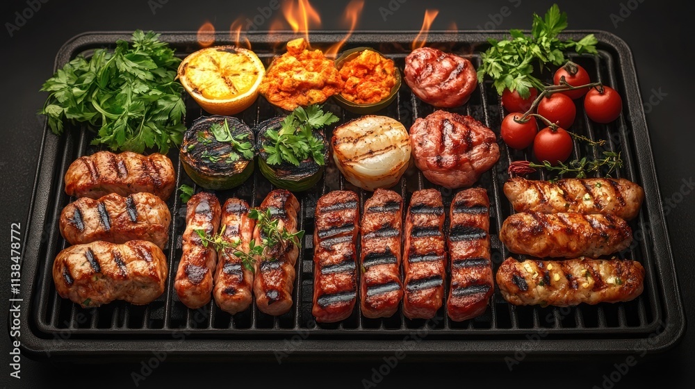 Grilled meats and vegetables arranged on a barbecue grill, showcasing a vibrant feast. Grilled meats and vegetables arranged on a barbecue grill, showcasing a vibrant feast.