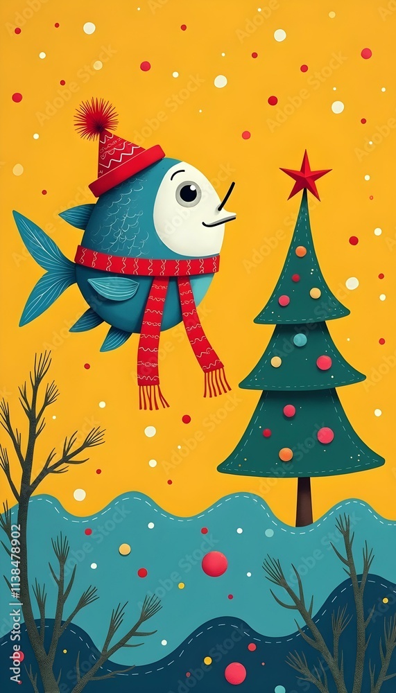 Fototapeta premium Cute Christmas Fish with Scarf and Hat near Festive Xmas Tree
