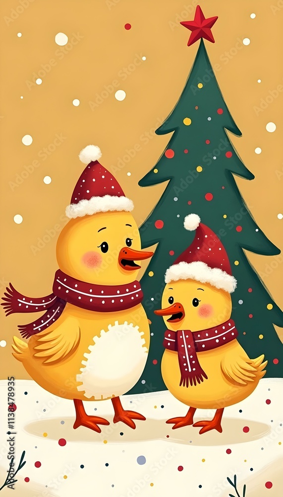 Adorable Christmas Ducklings by the Decorated Xmas Tree in Winter Wonderland Adorable Christmas Ducklings by the Decorated Xmas Tree in Winter Wonderland